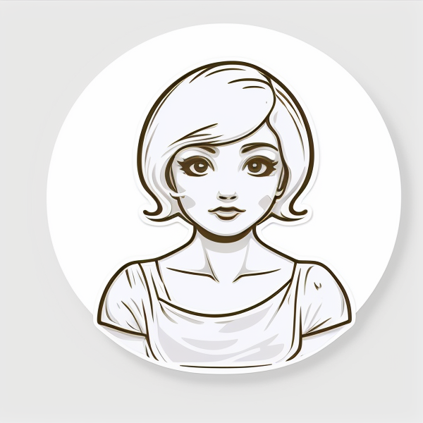 Custom Sticker Round of girl with short haircut, black and white