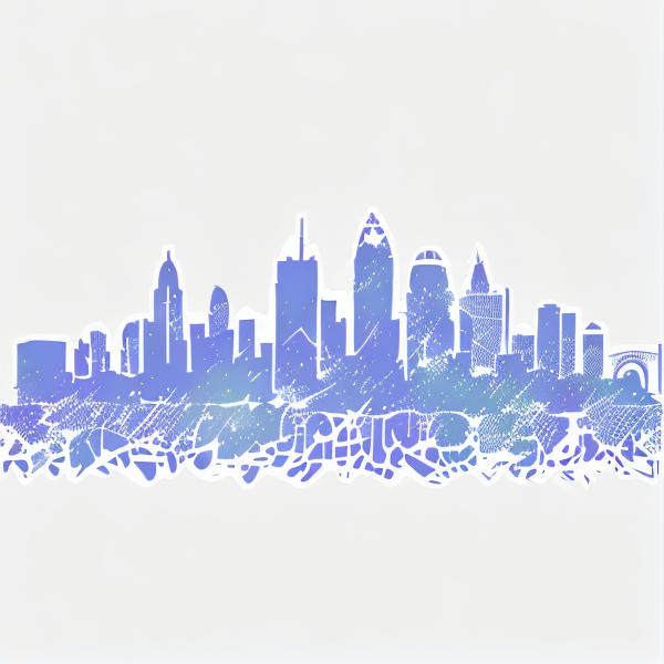 a square sticker of a city skyline in pastel blue coloring