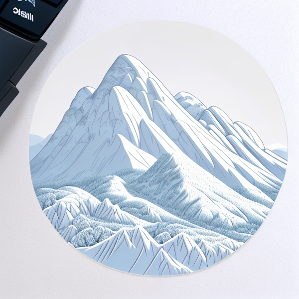 Round Sticker sitting on desk, image of snow covered mountain