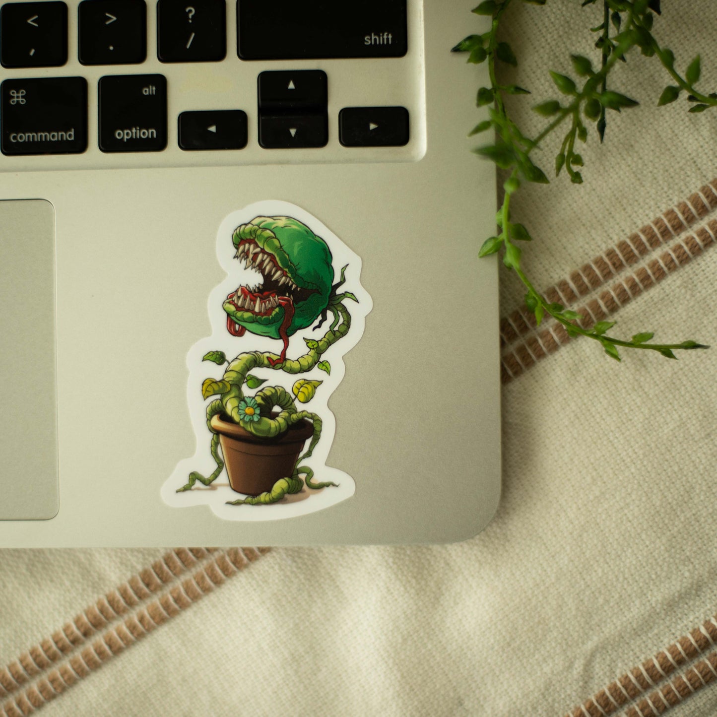 A vinyl sticker of a venus flytrap in a pot on a laptop