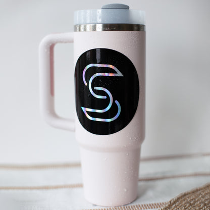 Holographic Stickr Logo on water bottle