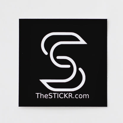 A square-shaped black and white vinyl sticker of the Stickr logo and website on a white background