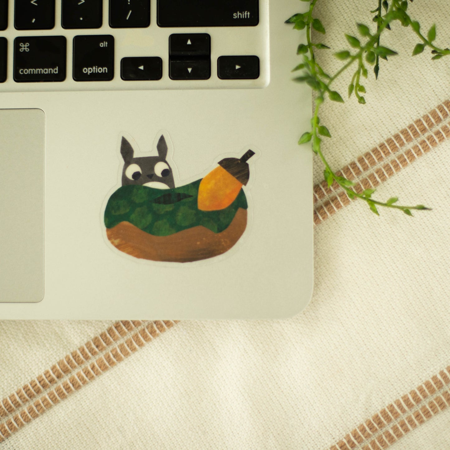 A clear sticker of a squirrel looking at an acorn on a laptop